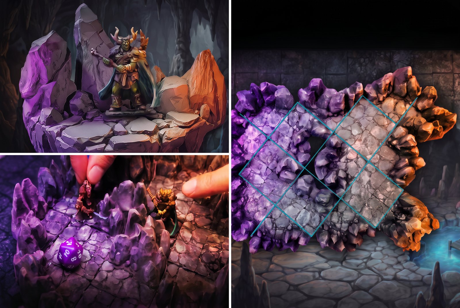 Miniatura sobre una cueva modular, mano moviendo figuras entre las rocas, y detalle de la rejilla 2x2 del sistema